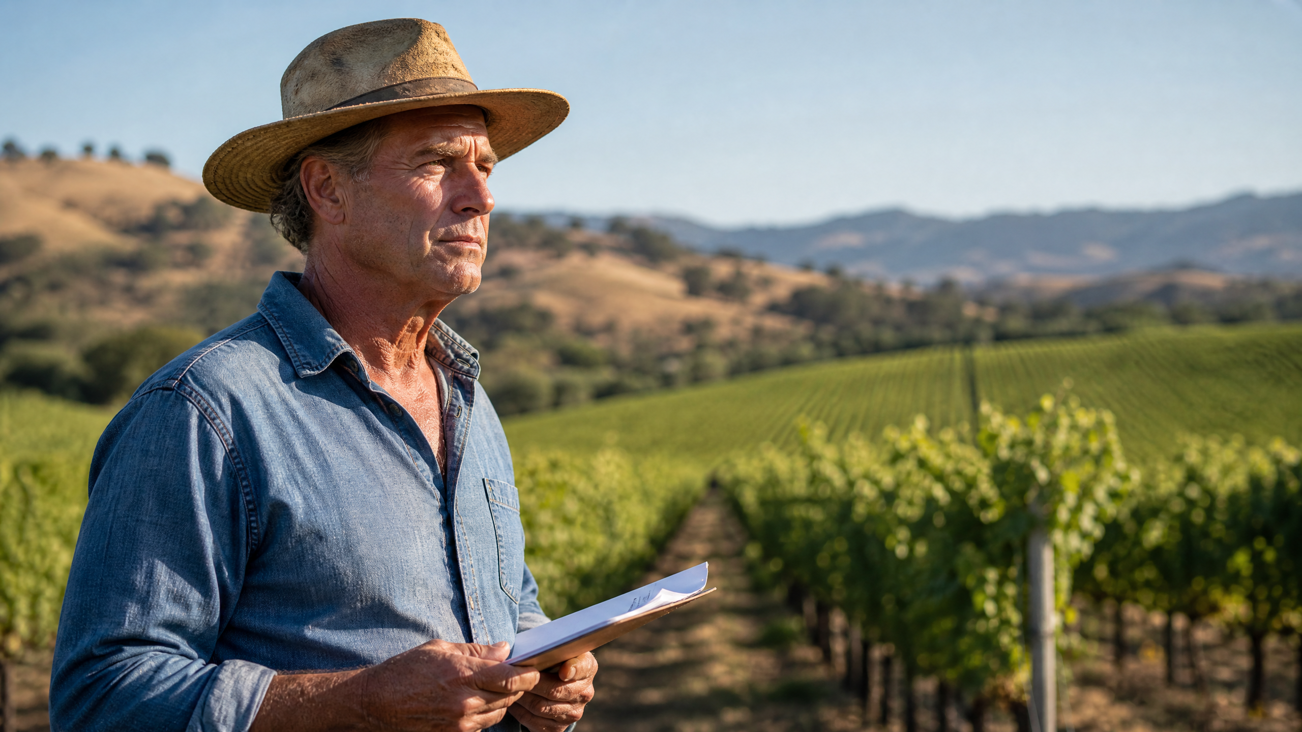 California farmer reviewing crop insurance claim documents in vineyard